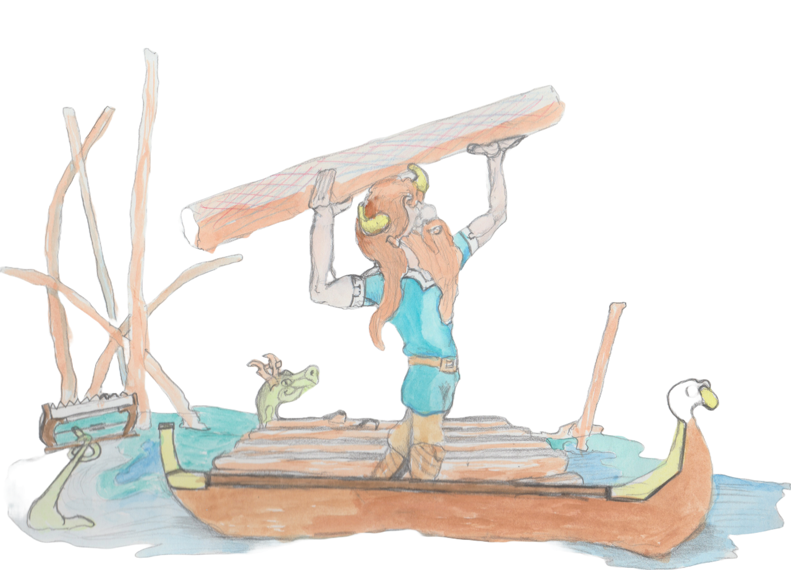 Bjorn cutting down cedar trees in swamp with the Great Serpent stealing his saw.